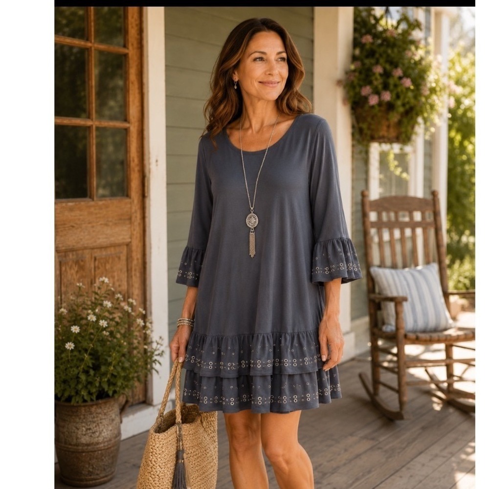 Belldini Dress Gray Sz 3X BELL SLEEVE Ruffle Baby Doll Granny Core Prairie‎